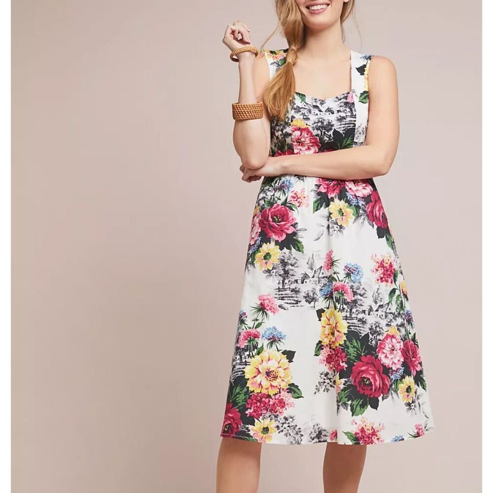 Anthropologie, Amelia Dress Square Neck Floral Fit and Flare, 16 100% Cotton